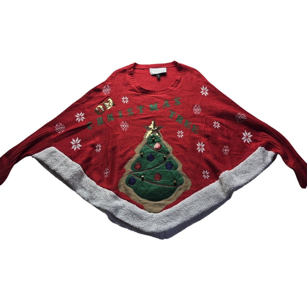 PLUS With Love DEREK Sweater Cape Womens 3X Red Christmas Tree Sequin Faux Fur